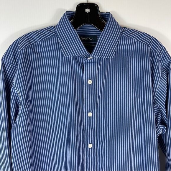 Nautica Men’s Size 16 34/35 Long Sleeve Button Up Blue Stripe Wrinkle Free Shirt - Picture 2 of 5